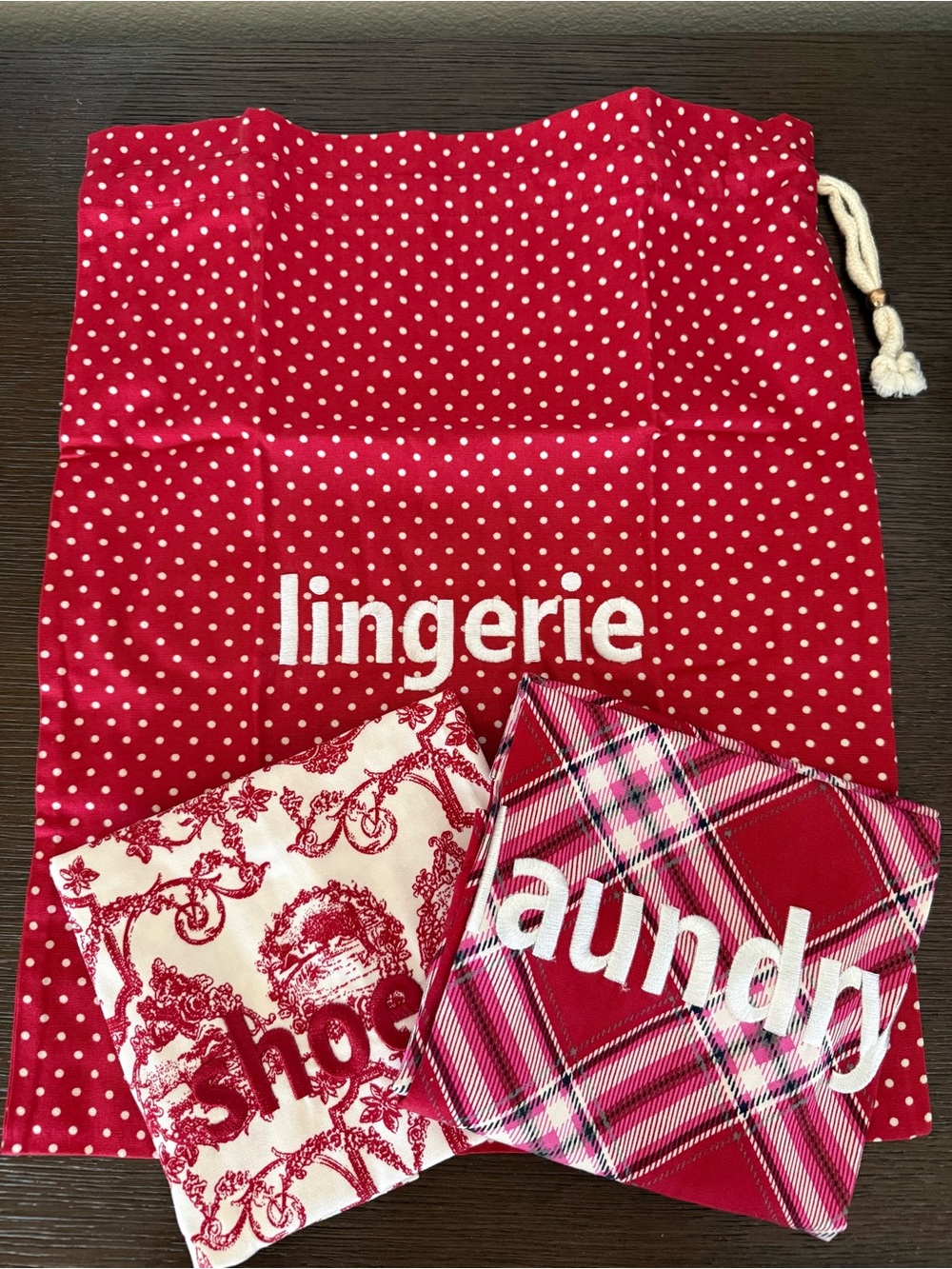 Talbots Red Travel Drawstring Laundry, Lingerie, and Shoe Bag Set